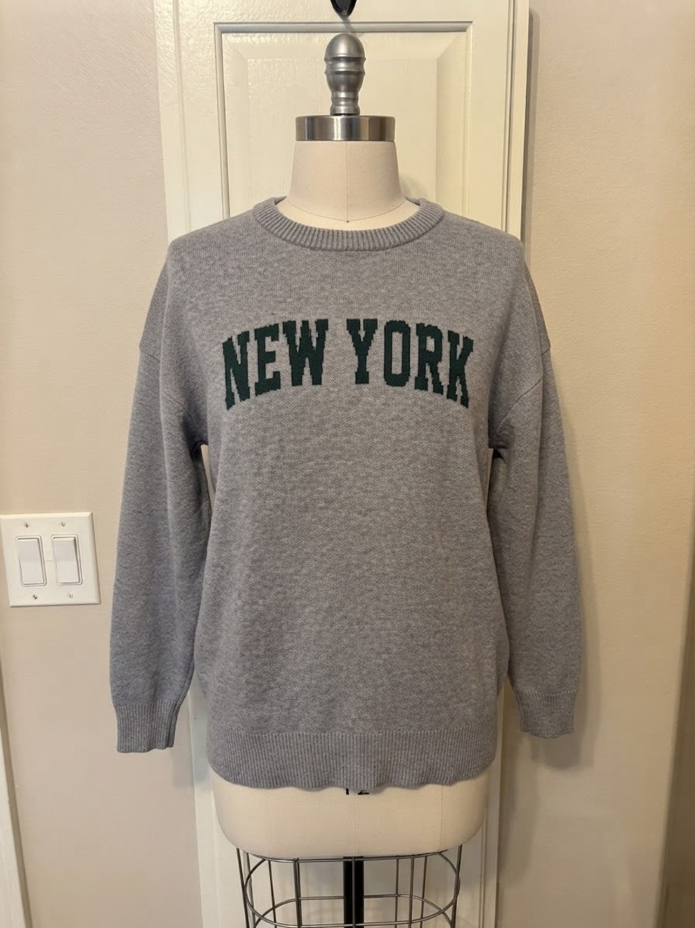 Women’s Gray Crewneck Sweater with Green 'New York' Lettering